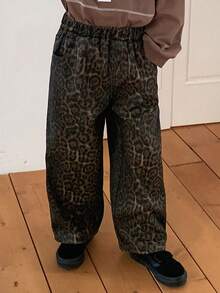 DAZY Young Boys Elastic Waist Leopard Print Casual Loose Straight Leg Jeans - Brown - View 5