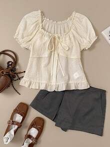 Muvela Spring/Summer New Beige Square Collar Ruffle Elastic Waist Front Button Tie Bow Plaid Ruffle Hem Sweet Cute Ladies Shirt, Fashionable Elegant Party British Style Retro College Wind Back To School Music Festival - White - View 6