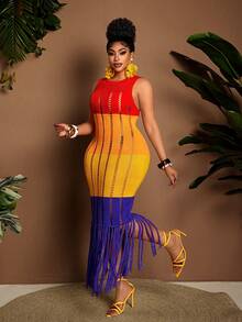 Maweii 大码女式毛衣连衣裙，多色可选，黄色、橙色、紫色，无袖，圆领，流苏，镂空设计，显瘦性感，女士针织连衣裙，女士外套，春季、夏季、度假必备。 - 彩色 - 查看 3