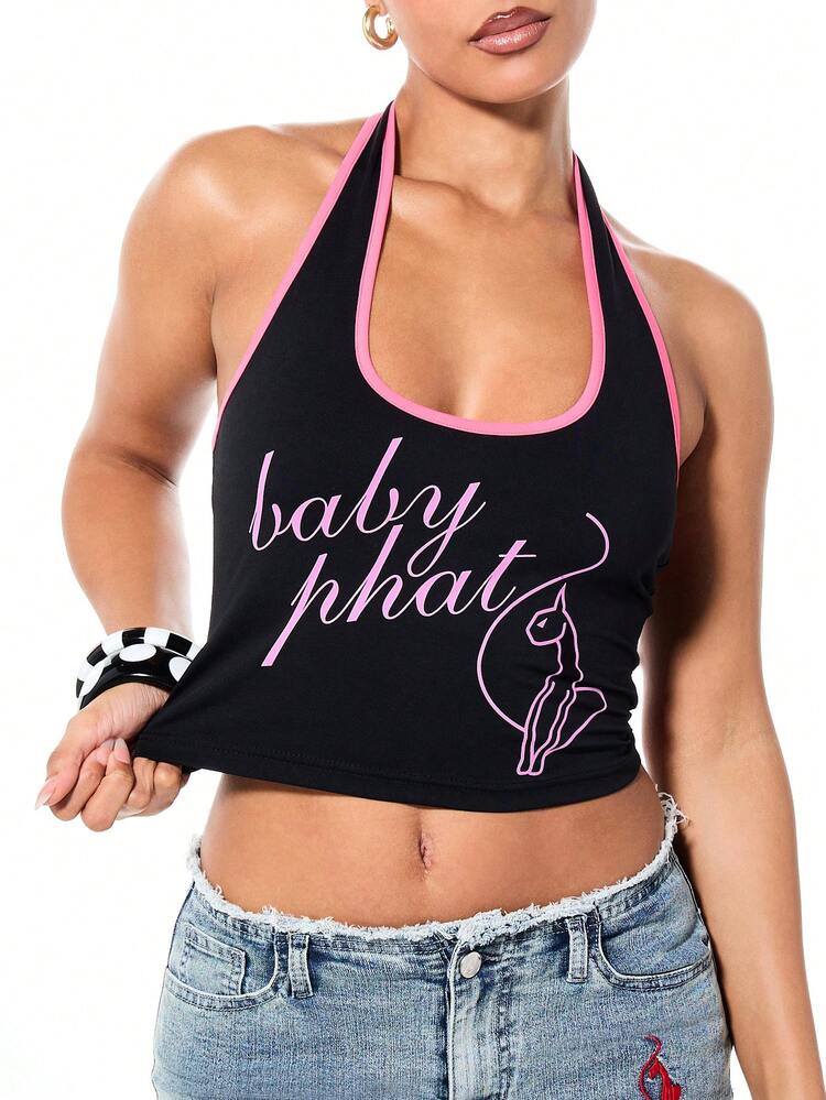 BABYPHAT Women's Halter Neck Graphic Tank Top With Print And Pink Contrast Trim Sleeveless Cropped Summer Y2K Style
