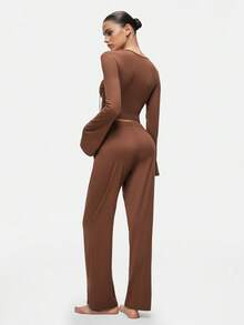 SHAPORA Women's Spring/Autumn V-Neck Flare Sleeve Cropped Top And Long Pants Pajama Set - Coffee Brown - View 2