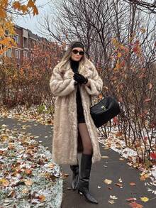 FLORETTA ÉLENA 长款仿毛领大衣，秋冬人造毛皮夹克 - 米色 - 查看 9