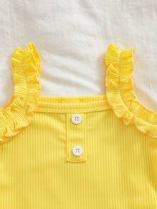 SHEIN Playful Pals 2件套新生女婴无袖罗纹针织连体衣，荷叶边装饰，搭配松紧腰蜜蜂印花A字裙，饰有蝴蝶结，可爱休闲夏季套装，含发带，适合日常外出、旅行、公园、拍照等场合。 - 黃色 - 查看 8
