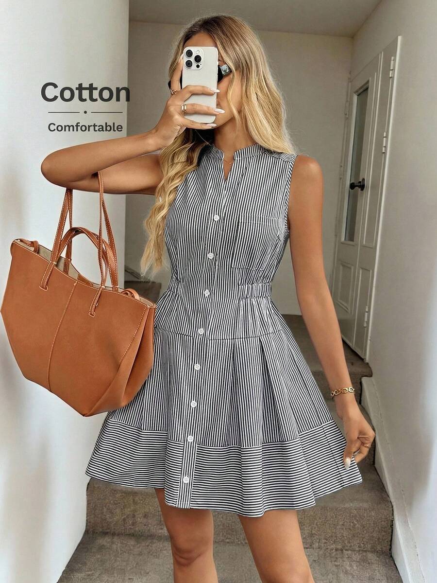 Easowa Women's Black And White Striped Cotton Mini Dress,Mandarin Collar Button Down Sleeveless Pleated A-Line Elastic Waist Summer Casual Brunch Vacation - Black and White - View 1