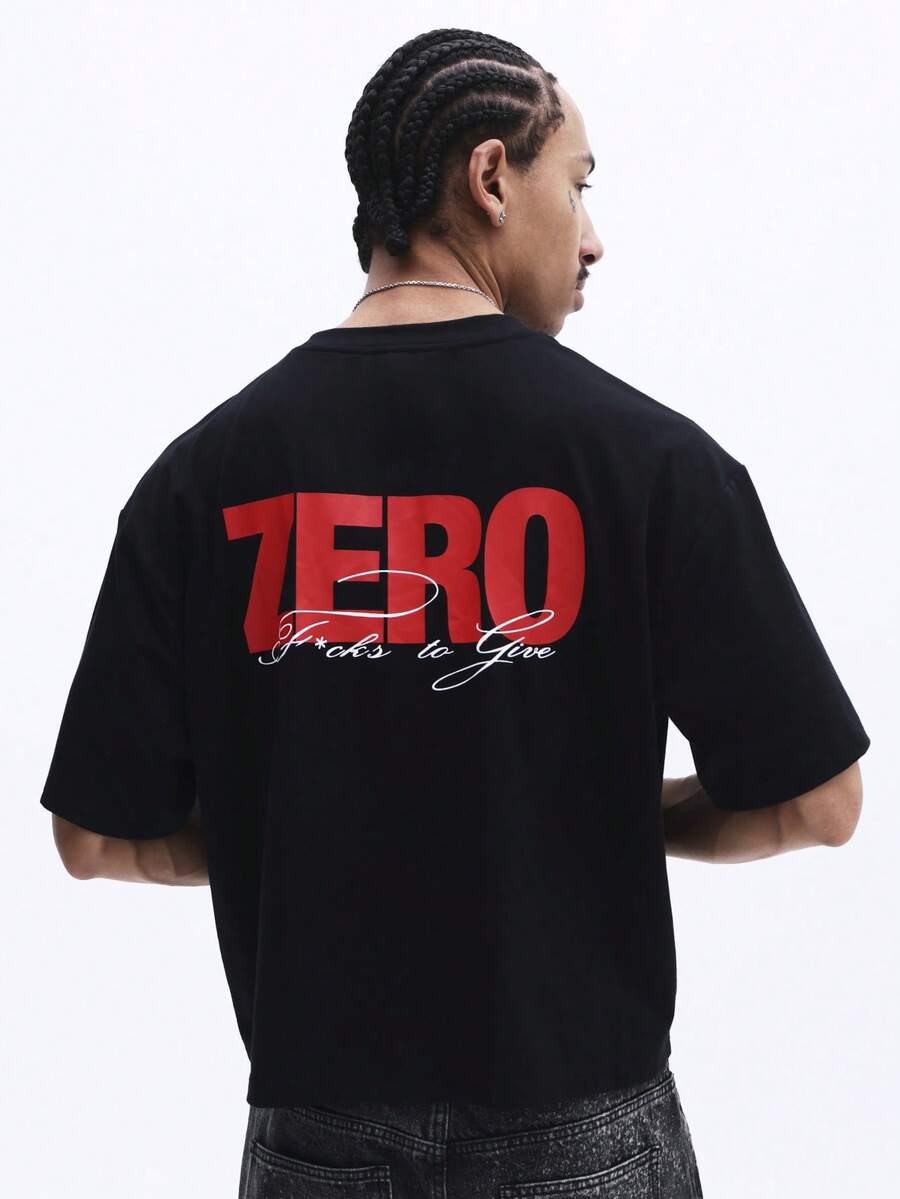 男士宽松纯棉T恤，印有“ZERO To Give Back”字样，休闲宽松短袖款式 - 黑色 - 查看 1