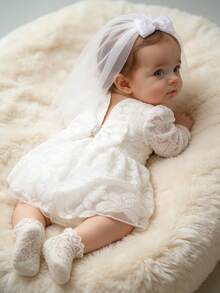 Newborn Photography Dress With Veil Headwear Lace Baptism Gown White Christening Outfit - White - View 6