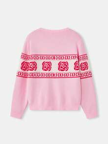 lacRébo Pink Cosy Jumper With Red Floral Pattern Vintage Cute Winter Knitwear New Year Office Spring Summer - Multicolor - View 9