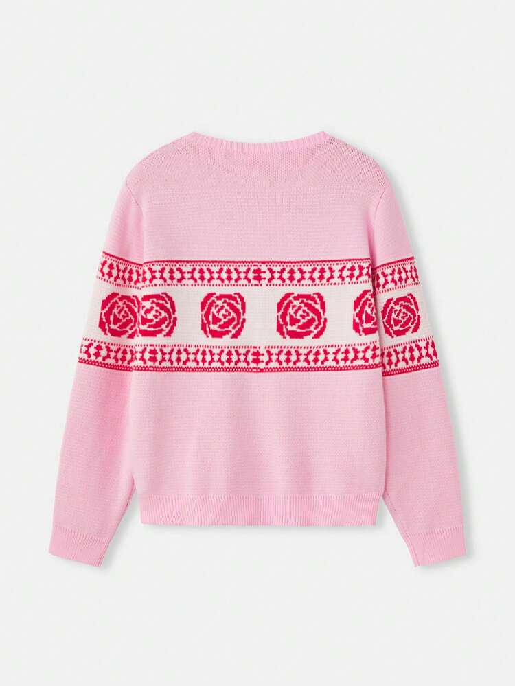 Pink Cosy Jumper With Red Floral Pattern Vintage Cute Winter Knitwear New Year Office Spring Summer