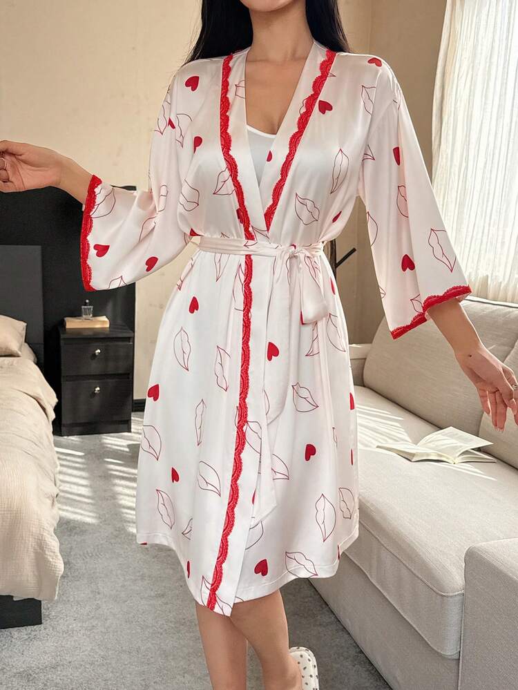 Women's Allover Print & Lace Patchwork Robe, Suitable For Spring And Summer