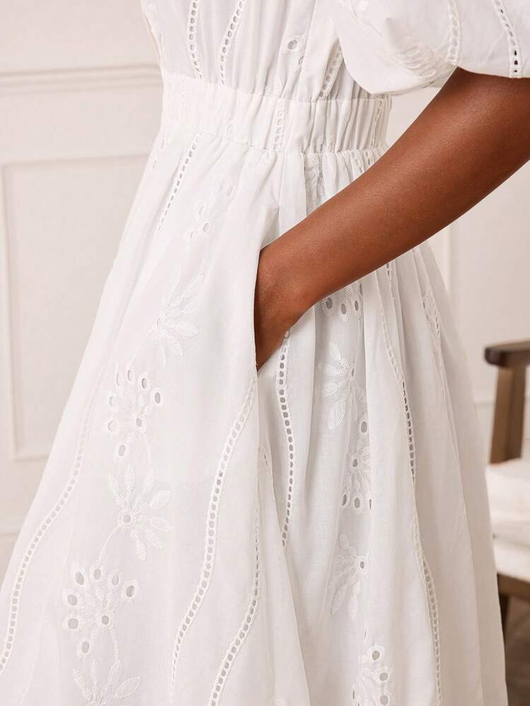 Lilora Women's Elegant Solid Color Hollow Embroidery Petal Sleeve Dress, For Women Pattern Dress This Sophisticated, Stylish, Versatile, And Elegant Dress Is Suitable For Commuting, Everyday Wear, Casual Outings, Parties, Dates, Gatherings, Leisure Activities, Picnics, Holidays, Vacations, And Holiday Travel. Summer Dresses For Women - White - View 10