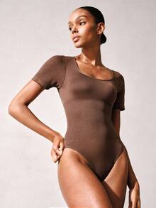 Veilyse 1pc Women's Solid Color Shapewear Bodysuit, Tummy Control Slimming Bodysuit, Tummy Control Bodysuitsfor Summer - Brown - View 7