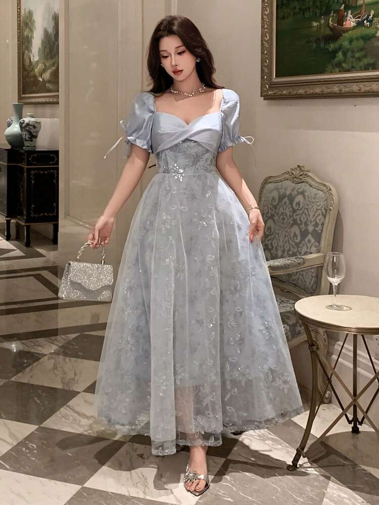 Women's Elegant Sequin Embroidered Patchwork Mid-Length Dress, Summer,Wedding Guest Dress Women Sundress