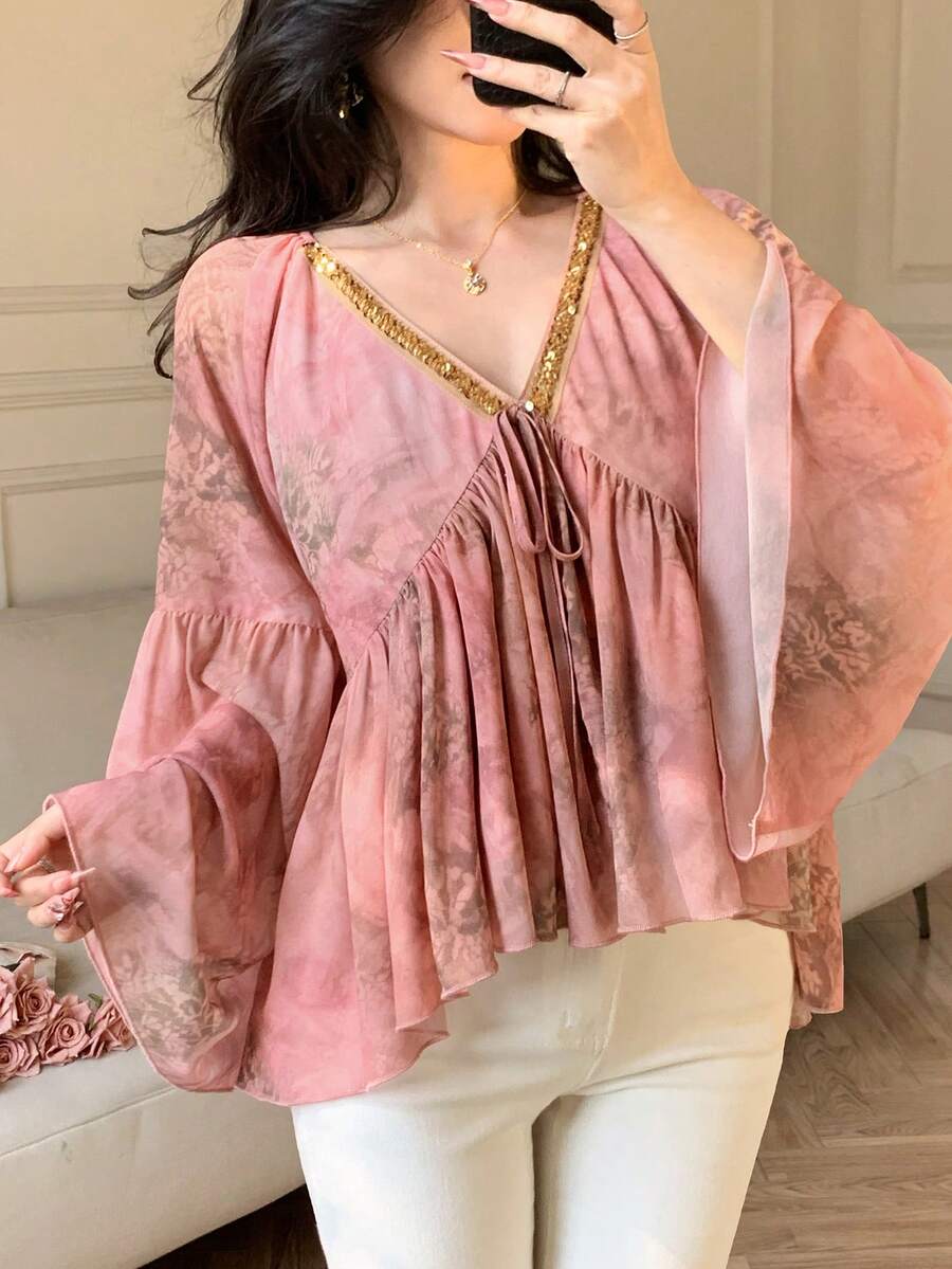 DAZY 女士优雅花卉亮片拼接褶裥系带衬衫，春夏款 - 粉色 - 查看 1