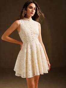 Anewsta 女士冬季连衣裙，圣诞节和新年款，立领无袖收腰网纱面料3D花卉刺绣优雅连衣裙 - 杏色 - 查看 5