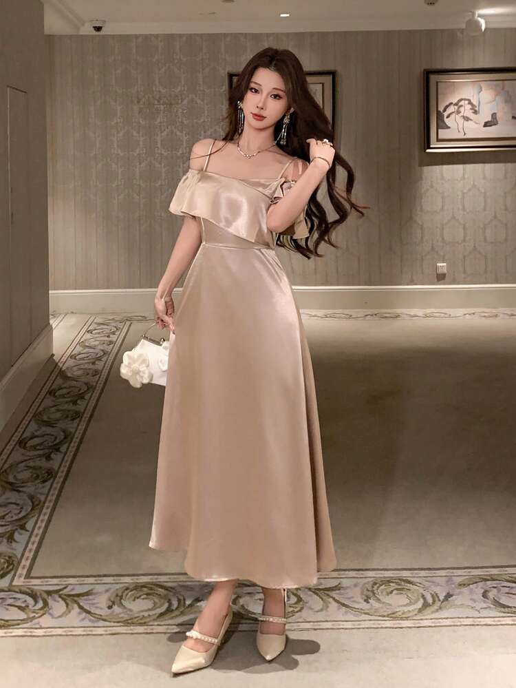 Women's Elegant Solid Color Ruffle Hem Midi Slip Dress, Summer,Wedding Guest Dress Women Sundress Cocktail Dress