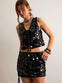 Freevana Women's Solid Color Sequin Front Tie Vest And Mini Skirt 2-Piece Set, Suitable For Party - Black - View 5