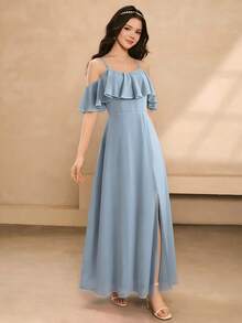 Đầm slip màu trơn cho bé gái, thiết kế xếp ly ở gấu, xẻ tà, thích hợp mặc đi chơi, dự tiệc hoặc đi nghỉ mát. - Màu xanh bụi bặm - Xem 4