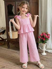SHEIN 2pcs Young Girl Woven Striped Camisole Top And Pants Set - Multicolor - View 1