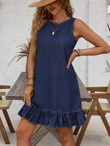 EMERY ROSE Vestido vaquero casual de mujer con cuello redondo, bajo con volantes y diseño de botones en la espalda, sin mangas - Azul lavado oscuro - Ver 3