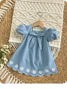 SHEIN Đầm ngắn tay in hoa thanh lịch cho bé gái, màu xanh dương - Màu xanh lam - Xem 8