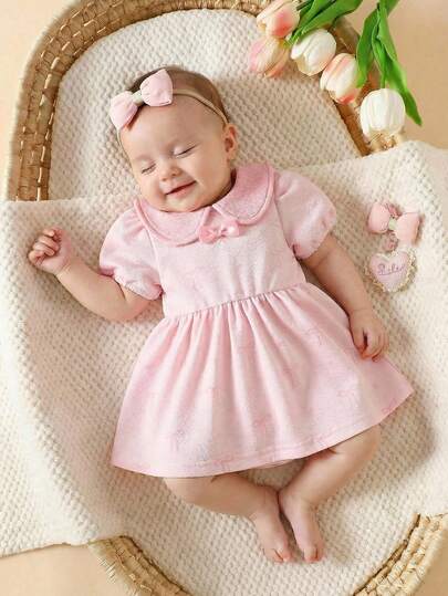 SHEIN Summer New Arrival: Pink Bowknot Peter Pan Collar Puff Sleeve Short-Sleeve Dress For Newborn Baby Girls Sweet, Cute, Elegant, And Perfect For Outings, Vacations, And Photo Shoots Summer Elegant Baby Dress Collared Baby Girl Dress Pink Bow Baby Dress Babygirl Pink Dress Tea Party Outfit