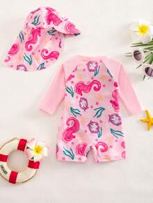 SHEIN Newborn Baby Floral Print Beach Romper Shorts,Summer Girl Rashguard Swimsuit Rash Guards For Girls Bathing Suit Long Sleeve - Pink - View 2