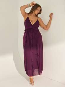 Auralis 大码女式纯色荷叶边优雅吊带裙 - 中紫紅色 - 查看 4