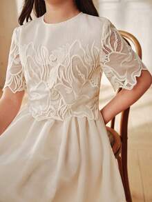 Anewsta Spring/Summer New Elegant Vintage Round Neck Short Sleeve Embroidered Hollow Out Waist Flared Hem Long Girls Dress - Apricot - View 4