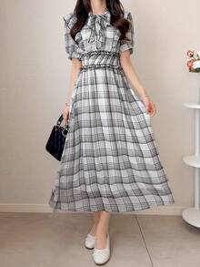 FRIFUL Women's Spring/Summer Plaid Cinched Waist Ruched Frill Trim Flared Maxi Casual Dress - Black and White - View 4