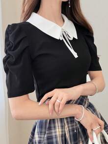 FRIFUL 女款春夏短袖拼色抽繩蝴蝶結時尚修身顯瘦百搭T恤 - 黑色 - 查看 6