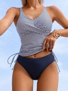 Swim Lushoire Women's Summer Vacation Casual Beach Outfit, Navy Striped Print 3-Piece Set Including Camisole, Bikini Top, And Skirt Swimwear - Multicolor - View 3