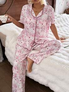 CottageSlumber Women's Casual Comfortable Vacation Contrast Color Floral Print Lapel Short Sleeve Pants Pajama Set - Multicolor - View 6
