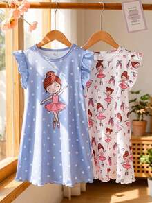 2pcs/Set Toddler Girls' Cap Sleeve Dress With Cute Ballet Dancer & Heart Print, Casual Ruffle Sleeve Long Nightgown, Spring/Summer Home Outfit - Blue - View 4