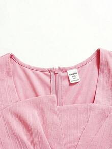 SHEIN 青少年女孩春夏優雅休閒街頭風 緹花紋理方領泡泡短袖長洋裝 - 淺粉色 - 查看 6