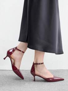 CUCCOO BIZCHIC Women's High-Heeled Shoes, New Nude Pointed Stiletto High Heels, French Hollow Buckle Commuter Shoes, Elegant Versatile Dating Banquet Skirt Matching - Burgundy - View 3