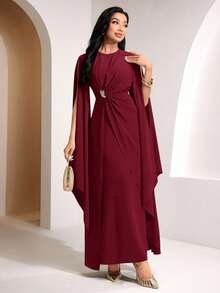 Veilorie Twist, Pleated Decor Button Waist Elegant Summer Dress - Burgundy - View 2