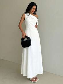 Aloruh Women's Elegant White Summer Off-Shoulder Sleeveless Asymmetrical Long Dress,A-Line Silhouette Wedding Guest Party Dining Dress For Commuting Outfits - Multicolor - View 3