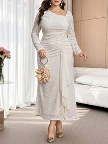 Feyla Plus Size Solid Color Minimalist Long Sleeve Lace Dress, Everyday Wear - Apricot - View 1