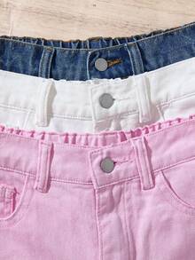 SHEIN Tween Girl Summer Beach Boho Causal 3pcs Pink, Blue,White Baggy Denim Ripped Shorts With Slant Pocket, Summer Vacation Concert Rave Festival Two Pieces,Suitable For Summer Chill, School, Campus, College, Summer Clothes,Suitable For Spring And Summer Boho,Season Vintage//Beach/Sea/Elegant Graduation,Casual's Jumpsuit,Summer Holiday,Spring Clothes,Beach,Vacation,Valentine's Day,Summer Holiday,Beach Vacation Holiday,Graduation - Multicolor - View 3