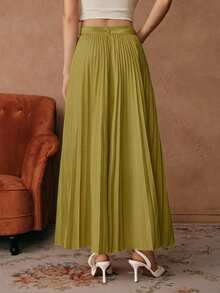 Anewsta Essential Women's Solid Color Elegant Pleated Skirt Maxi - Green - View 2