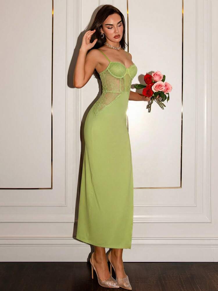 lime green dress shein Allurite Women's Elegant Sexy Summer Party Night Out Date Night Dress, Sheer Lace Panel High Slit Strap Maxi Satin With Built In Bra Bustier tulle skirt wedding dress