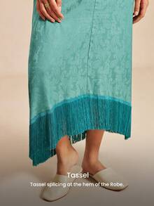 LUVLETTE Women's Breathable Teal Satin Sleep Dress Loose-Fit Midi Dress With Fringe Trim Lightweight Nightwear Gown Pyjama - Green - View 6