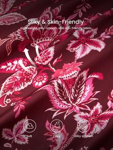 LUVLETTE 奢华休闲睡衣优雅酒红色花卉睡衣套装 - 柔软缎面长袖上衣和长裤，白色滚边 奢华休闲睡衣睡衣 - 紅色 - 查看 6