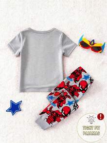 1 Set Young Boy Spider & Superhero Print Tight Fit Round Neck Short Sleeve Pajama Top And Pants, Spring/Autumn - White - View 2