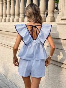 Pariaura 女士新款V领蝴蝶结荷叶边上衣+短裤两件套 - 藍白色 - 查看 2