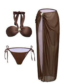 Swim Chiccia Women's Deep Brown Halter Neck Gold Decor Sheer Mesh Sexy Bikini Set - Coffee Brown - View 7