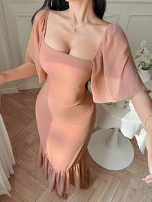 DAZY 女士纯色方领荷叶边下摆优雅连衣裙，情人节女士吊带裙 - 粉色 - 查看 6