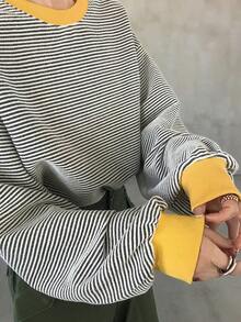 FRIFUL 女士休闲撞色条纹圆领长袖T恤 - 橘色 - 查看 6