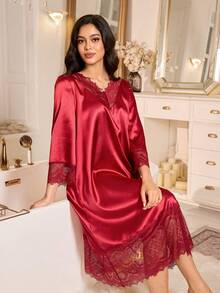SHEIN Lace Patchwork V-Neck Long Nightgown, Wine Red - Burgundy - View 5