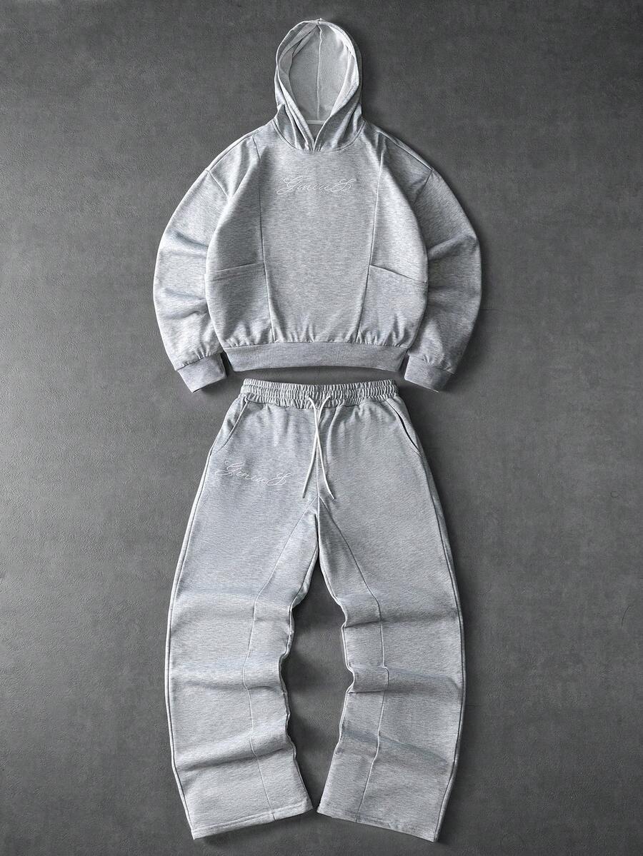 Manfinity Roghcode 男士休闲纯色连帽衫和抽绳裤套装,男士弹力纯色街头风灰色保暖运动套装,男士运动服,男士两件套运动服,秋冬春夏皆宜,夏季,度假,复古,外出,派对,节日,送男友的礼物,街头风,健身 - 灰色 - 查看 1